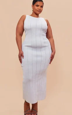 Plus White Textured Rib Knit Low Back Ruched Maxi Dress