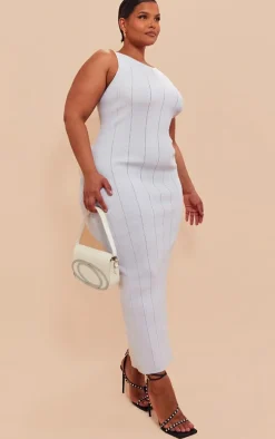 Plus White Textured Rib Knit Low Back Ruched Maxi Dress