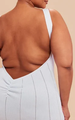 Plus White Textured Rib Knit Low Back Ruched Maxi Dress