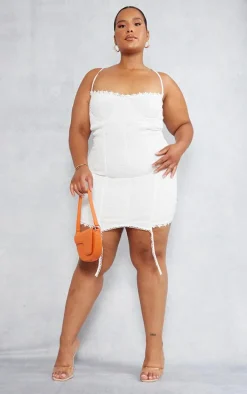 Plus White Textured Suspender Detail Bodycon Dress