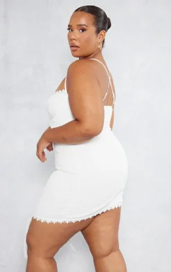 Plus White Textured Suspender Detail Bodycon Dress