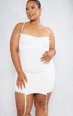 Plus White Textured Suspender Detail Bodycon Dress