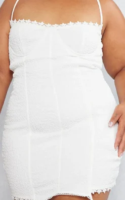 Plus White Textured Suspender Detail Bodycon Dress