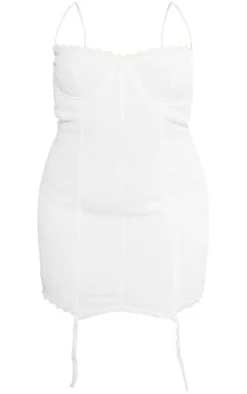 Plus White Textured Suspender Detail Bodycon Dress
