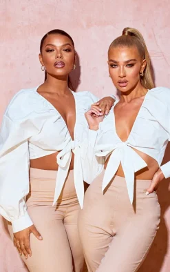 Plus White Tie Front Ruched Blouse