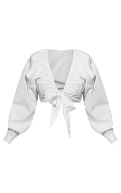 Plus White Tie Front Ruched Blouse