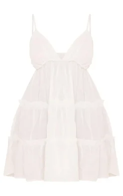 Plus White Tiered Cheesecloth Shift Dress