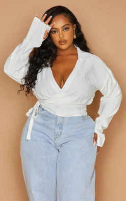 Plus White Wrap Front Shirt Long Sleeve Crop Top