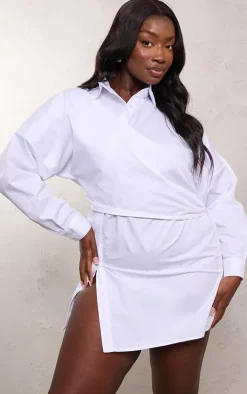 Plus White Wrap Front Shirt Dress