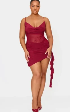 Plus Wine Double Layer Slinky Mesh Panel Bodycon Dress