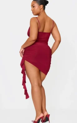 Plus Wine Double Layer Slinky Mesh Panel Bodycon Dress