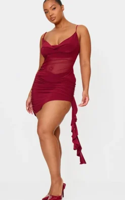 Plus Wine Double Layer Slinky Mesh Panel Bodycon Dress