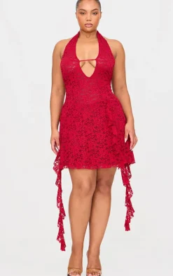 Plus Wine Halterneck Lace Drape Detail Mini Dress