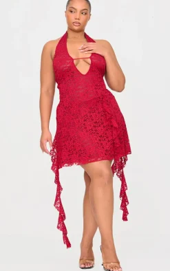 Plus Wine Halterneck Lace Drape Detail Mini Dress