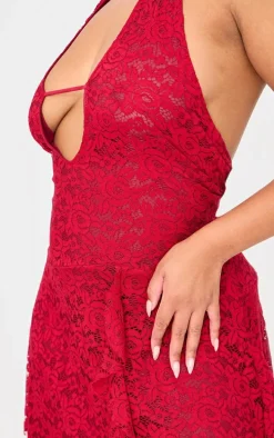 Plus Wine Halterneck Lace Drape Detail Mini Dress