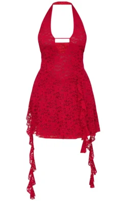 Plus Wine Halterneck Lace Drape Detail Mini Dress