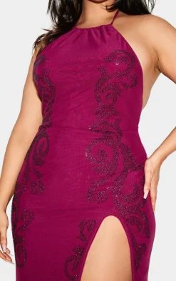 Plus Wine Lined Mesh Diamante Detail Split Maxi Dress