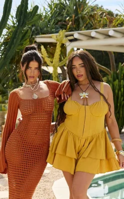 Plus Yellow Linen Premium Hook And Eye Boning Detail Romper