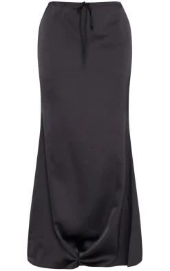 Premium Black Satin Low Rise Drawstring Waist Maxi Skirt