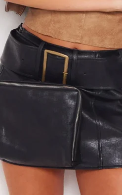 Premium Black Washed Faux Leather Belt Zip Mini Skirt
