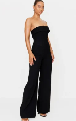 Premium Black Woven Bandeau Corset Straight Leg Jumpsuit