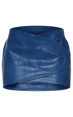 Premium Blue Washed Faux Leather Mini Skirt