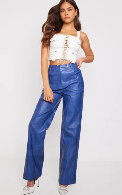Premium Blue Washed Faux Leather Straight Leg Pants