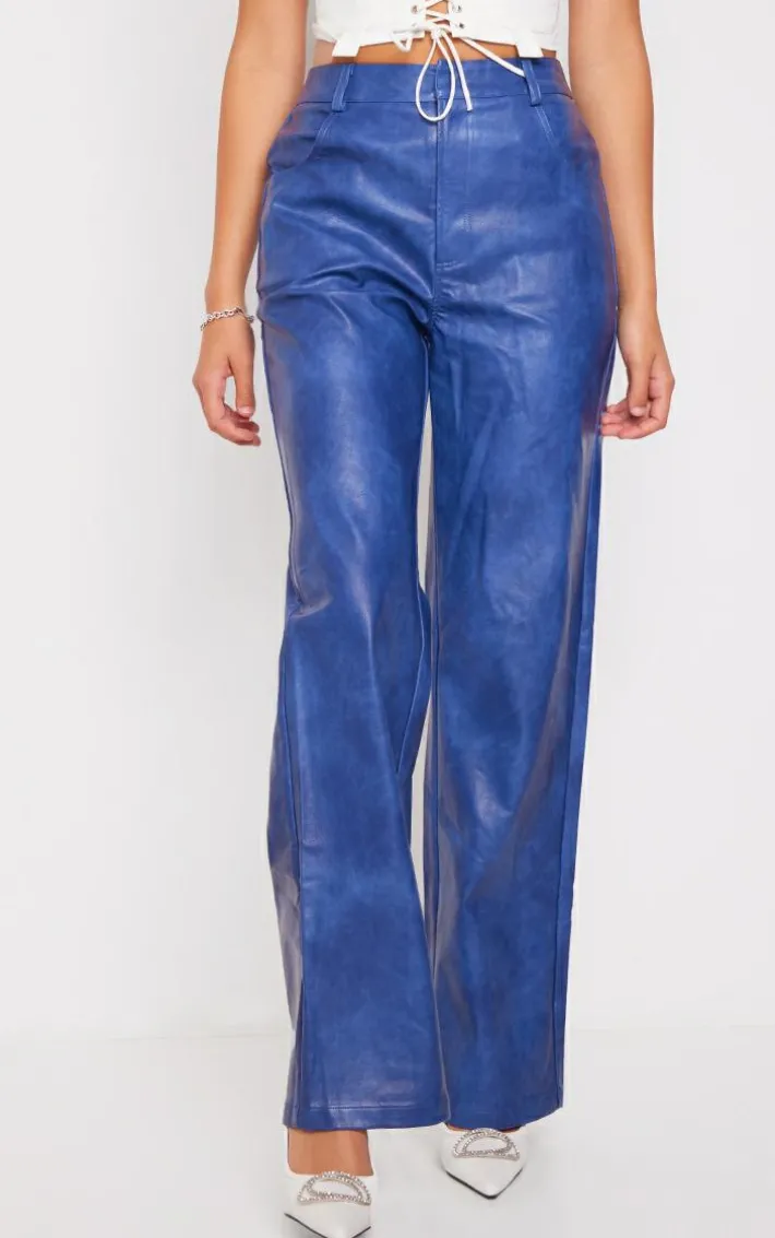 Premium Blue Washed Faux Leather Straight Leg Pants