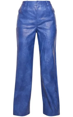 Premium Blue Washed Faux Leather Straight Leg Pants