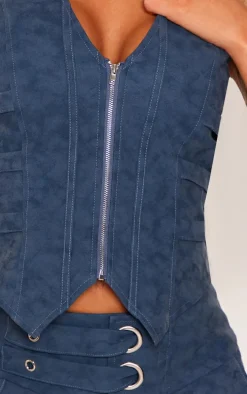 Premium Blue Washed Faux Leather Zip Front Strap Detail Corset