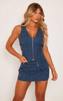 Premium Blue Washed Faux Leather Strap Detail Wrap Over Micro Mini Skirt