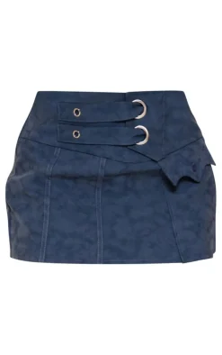 Premium Blue Washed Faux Leather Strap Detail Wrap Over Micro Mini Skirt
