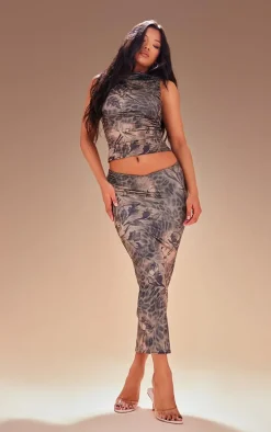 Premium Brown Leopard Print Double Layer Slinky Midaxi Skirt