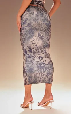 Premium Brown Leopard Print Double Layer Slinky Midaxi Skirt