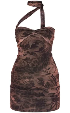 Premium Brown Leopard Print Double Layer Mesh Scarf Detail Bodycon Dress