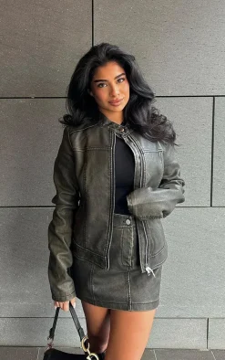 Premium Brown Washed Faux Leather Seam Detail Mini Skirt