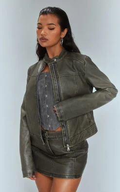 Premium Brown Washed Faux Leather Seam Detail Mini Skirt