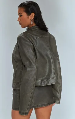 Premium Brown Washed Faux Leather Oversized Seam Detail Jacket