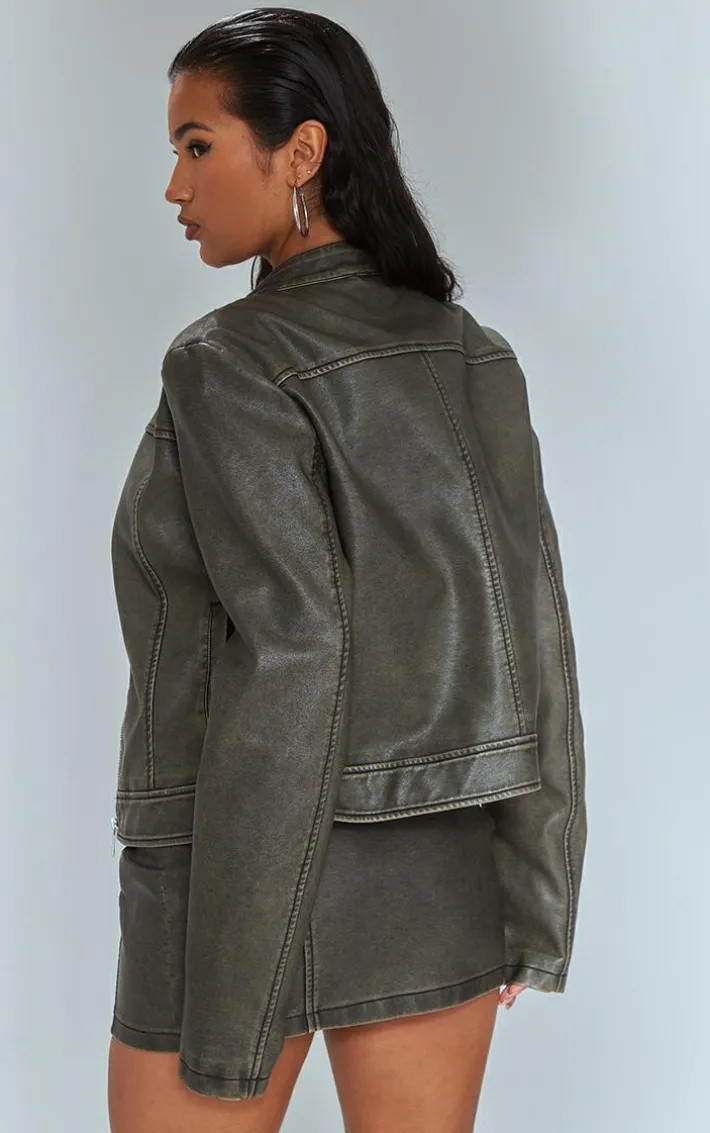 Premium Brown Washed Faux Leather Oversized Seam Detail Jacket