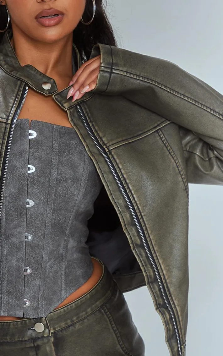 Premium Brown Washed Faux Leather Oversized Seam Detail Jacket