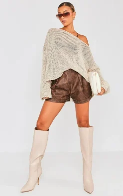 Premium Brown Washed Faux Leather Pleat Detail Shorts