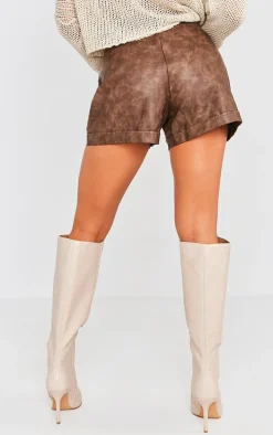 Premium Brown Washed Faux Leather Pleat Detail Shorts
