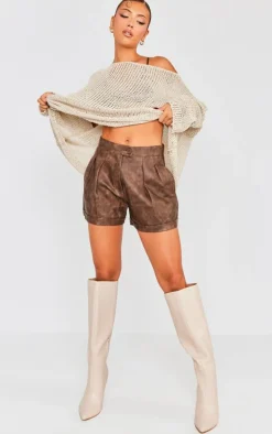Premium Brown Washed Faux Leather Pleat Detail Shorts