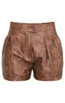 Premium Brown Washed Faux Leather Pleat Detail Shorts