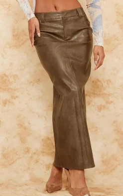 Premium Brown Washed Faux Leather Maxi Skirt