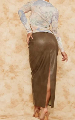 Premium Brown Washed Faux Leather Maxi Skirt