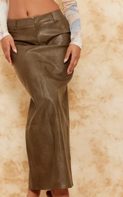 Premium Brown Washed Faux Leather Maxi Skirt