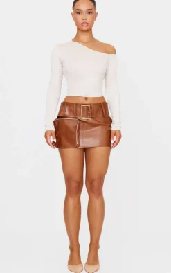 Premium Brown Washed Faux Leather Belt Zip Mini Skirt