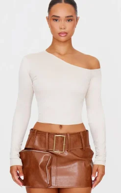Premium Brown Washed Faux Leather Belt Zip Mini Skirt
