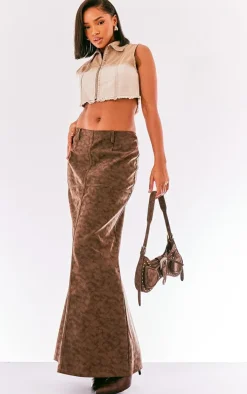Premium Brown Washed Faux Leather Low Rise Maxi Skirt